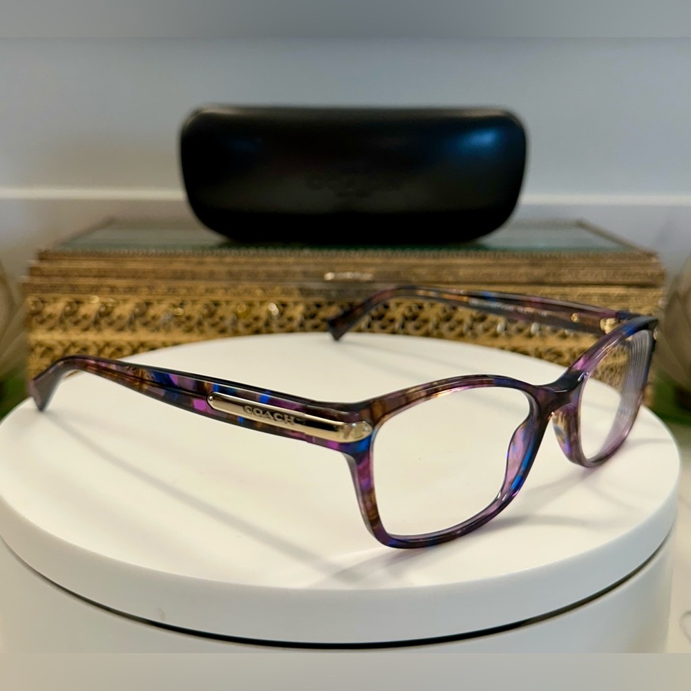 Coach Purple Confetti Rx Eyeglass Frames EUC w/ Black Leather-Covered Coach Case